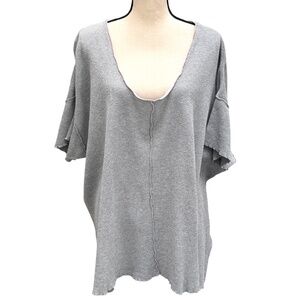 FITIGUES GRAY W/ PINK & WHITE TRIM WAFFLE KNIT SHORT SLEEVE OVERSIZED BOXY TOP